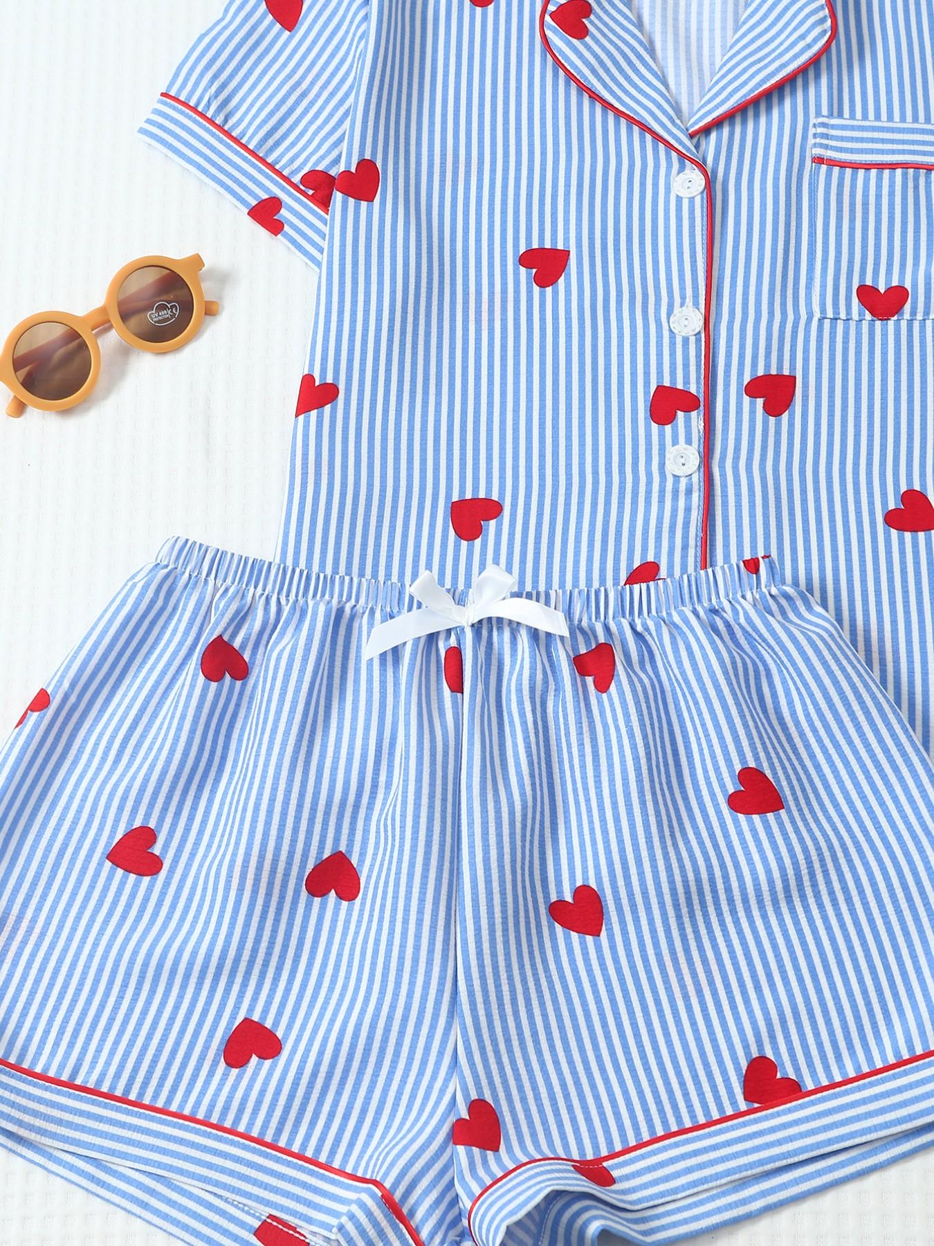 Heart Stripe Printed Women's Pajama Set, Feminine Cute Loungewear Nightwear, Sweet Collar Short Sleeve Top with Pocket, Bow Shorts, Casual Home Wear