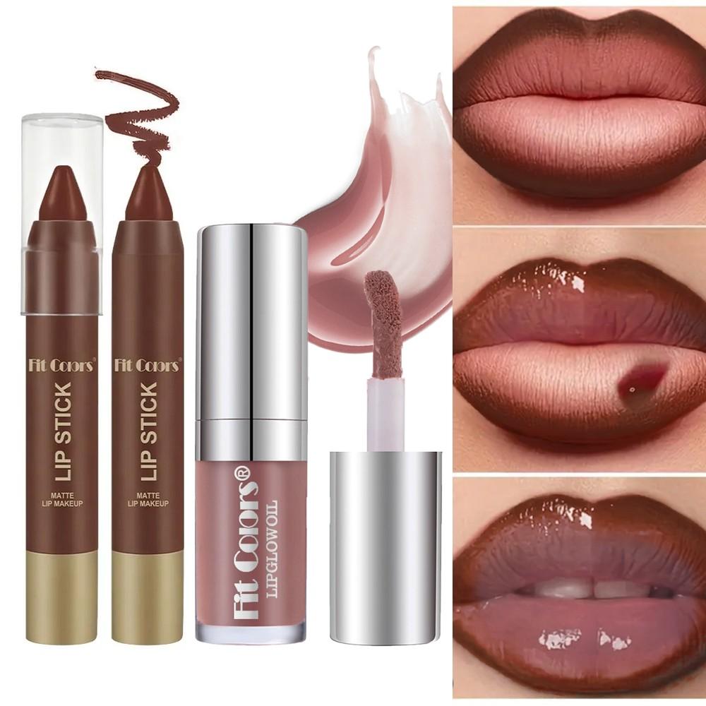Fit Colors Matte Lip Liner Lip Bullet and Moisturizing Pearl Lip Oil Set Lip Combo, Natural Nude Glossy Lip Makeup, Long-Lasting Hydration Gift