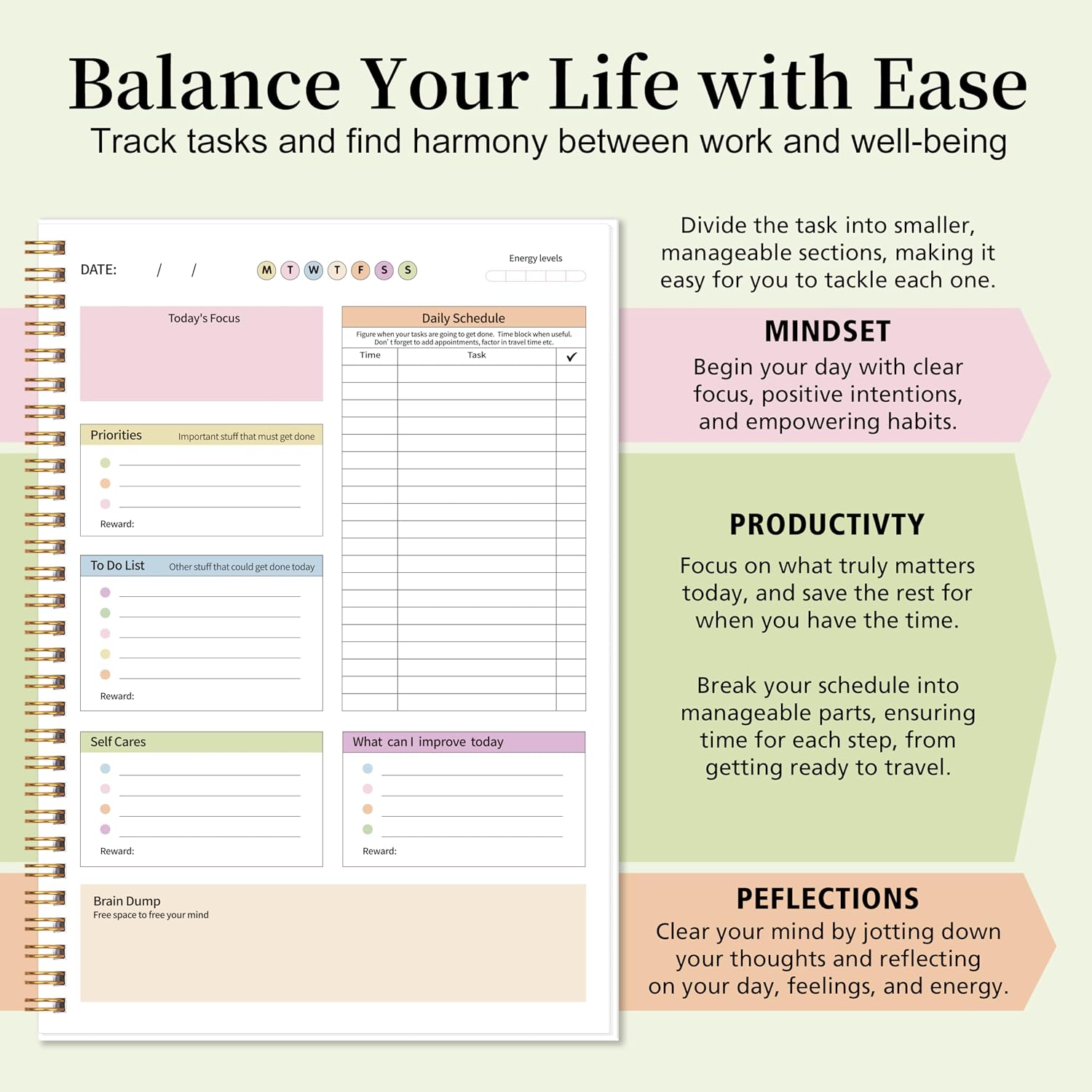 Daily Planner with Hard Cover & Colorful Sheets Inside,Productivity Planner Task Management Organizer for Neurodivergent Adults Focused for Men & Women, 7" x 10"