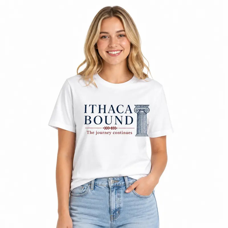 Ithaca Bound Graphic T Shirt, The Journey Continues Vintage Print Tee, Classic Greek Column Design, Retro Academia Style Unisex Shirt, Travel Inspired Casual Streetwear Top, Summer Outfit for Men Women
