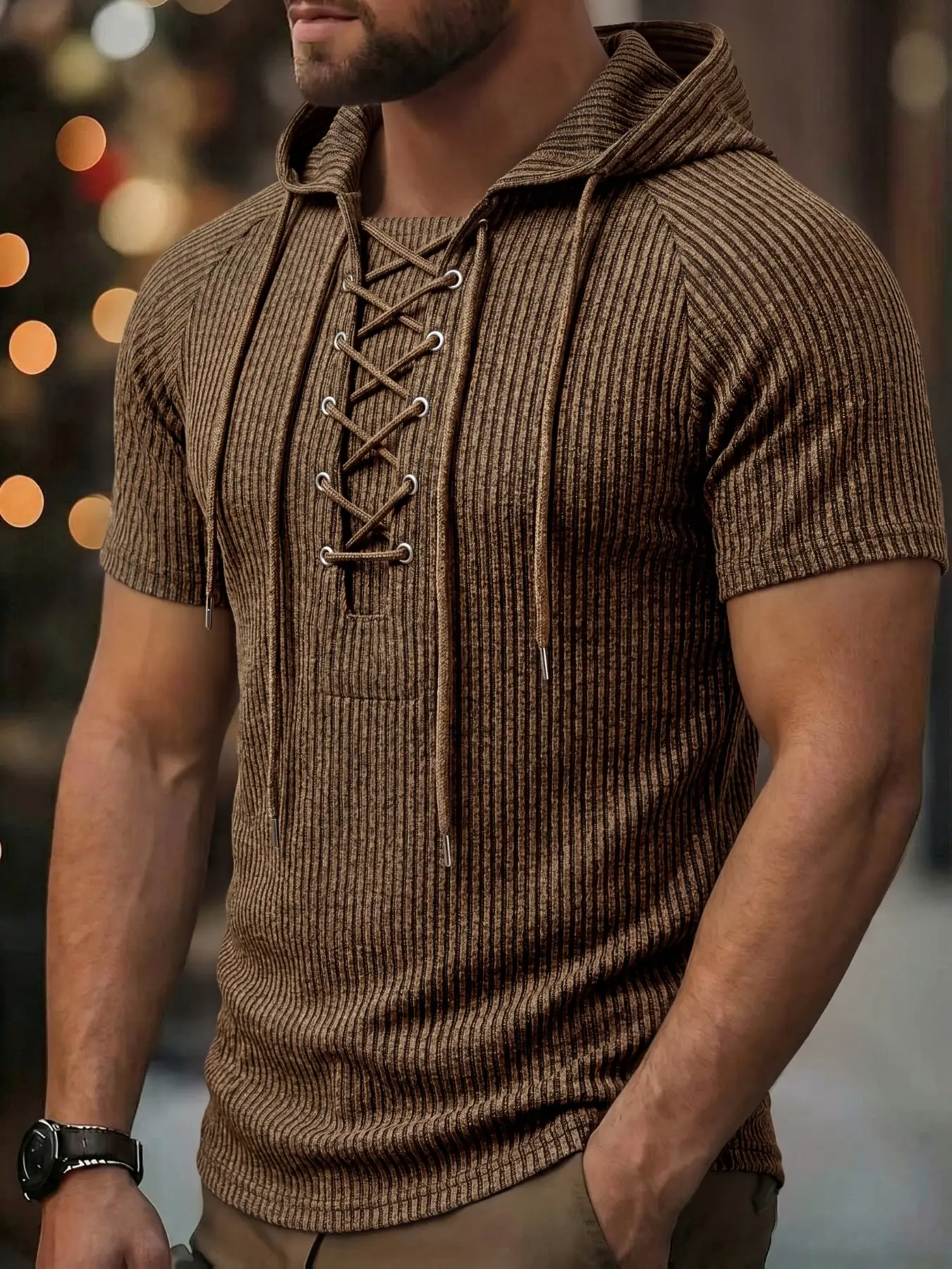Men's Summer Streetwear Pullover Hooded Sweatshirt, Cross-Band Hollow Design, Round Hem, Casual Fashion Top, Perfect for Parties and Travel