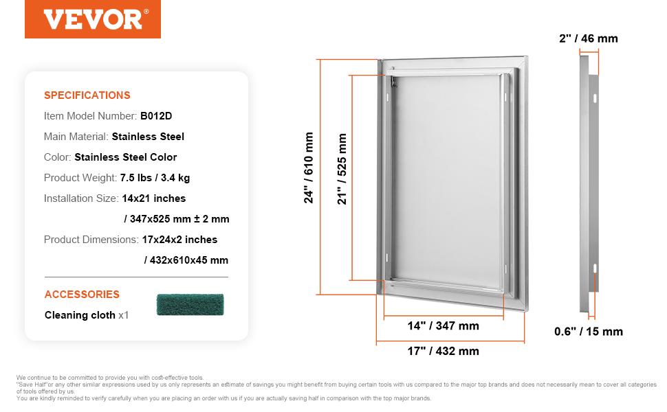 VEVOR Stainless Steel Rectangular BBQ Access Door, 17Wx24H in Single Flush Mount Wall Vertical Door with Recessed Handle, Adjustable, Includes CAD Template, for BBQ Island, Grilling Station