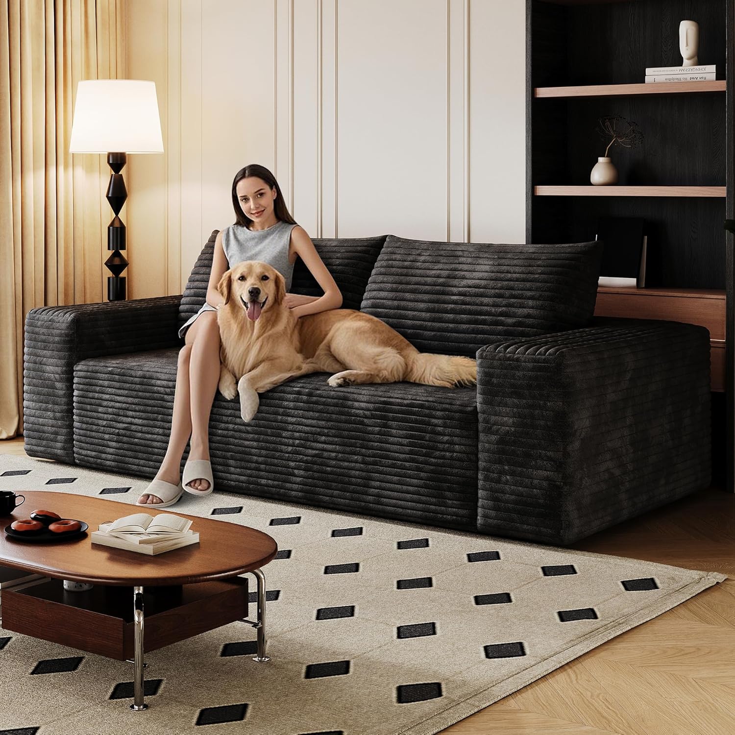 71" Corduroy 3-Seater Sofa, Deep Seat Couch with Pillow, 600 lbs Capacity, No Assembly Required, for Living Room, Apartment, Bedroom (Black)