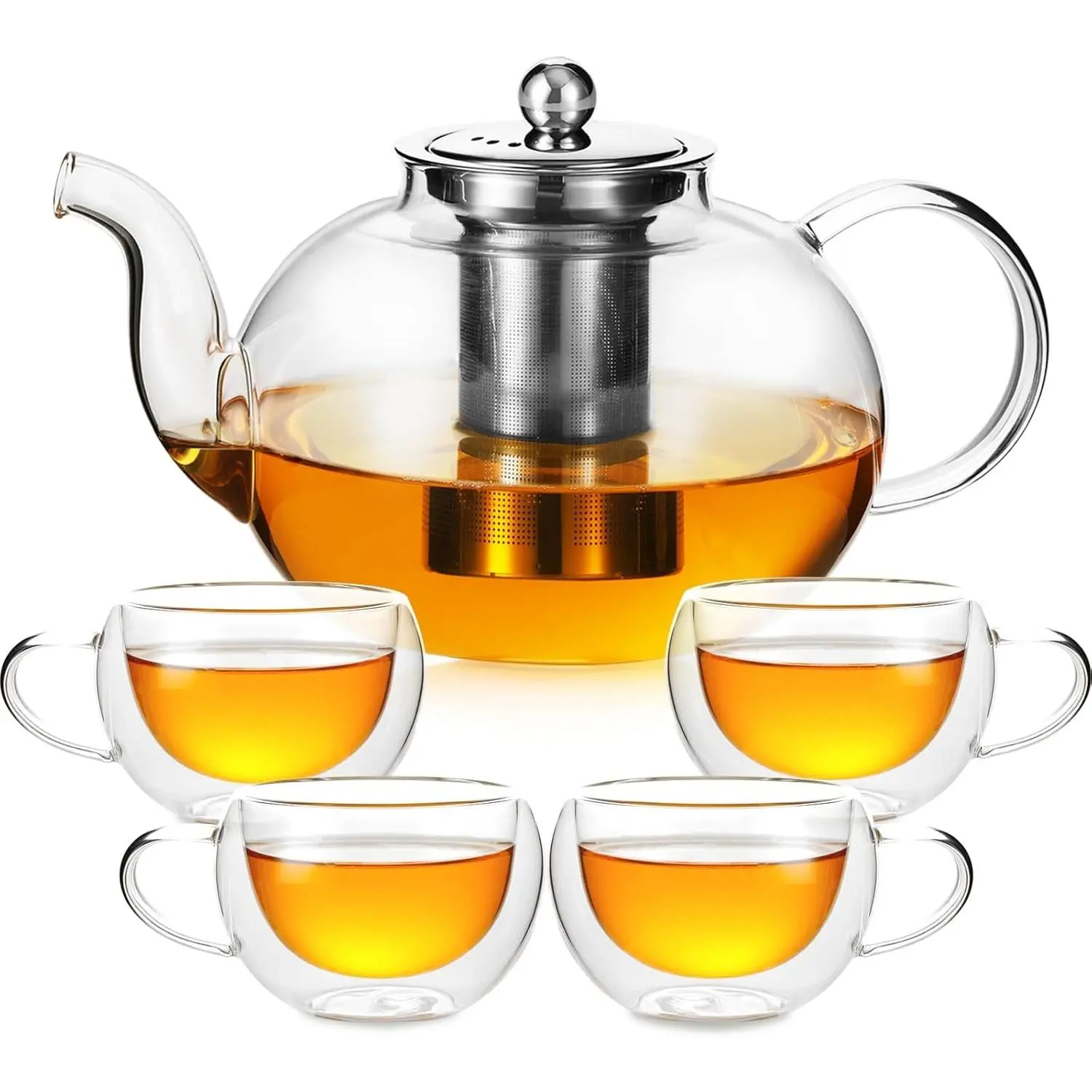 50OZ/1500ML Glass Teapot Set with 4 7OZ/200ML Double Wall Teacups & Removable Infuser Stovetop & Microwave Safe Clear Tea Maker Kettle for Loose Leaf Blooming Tea