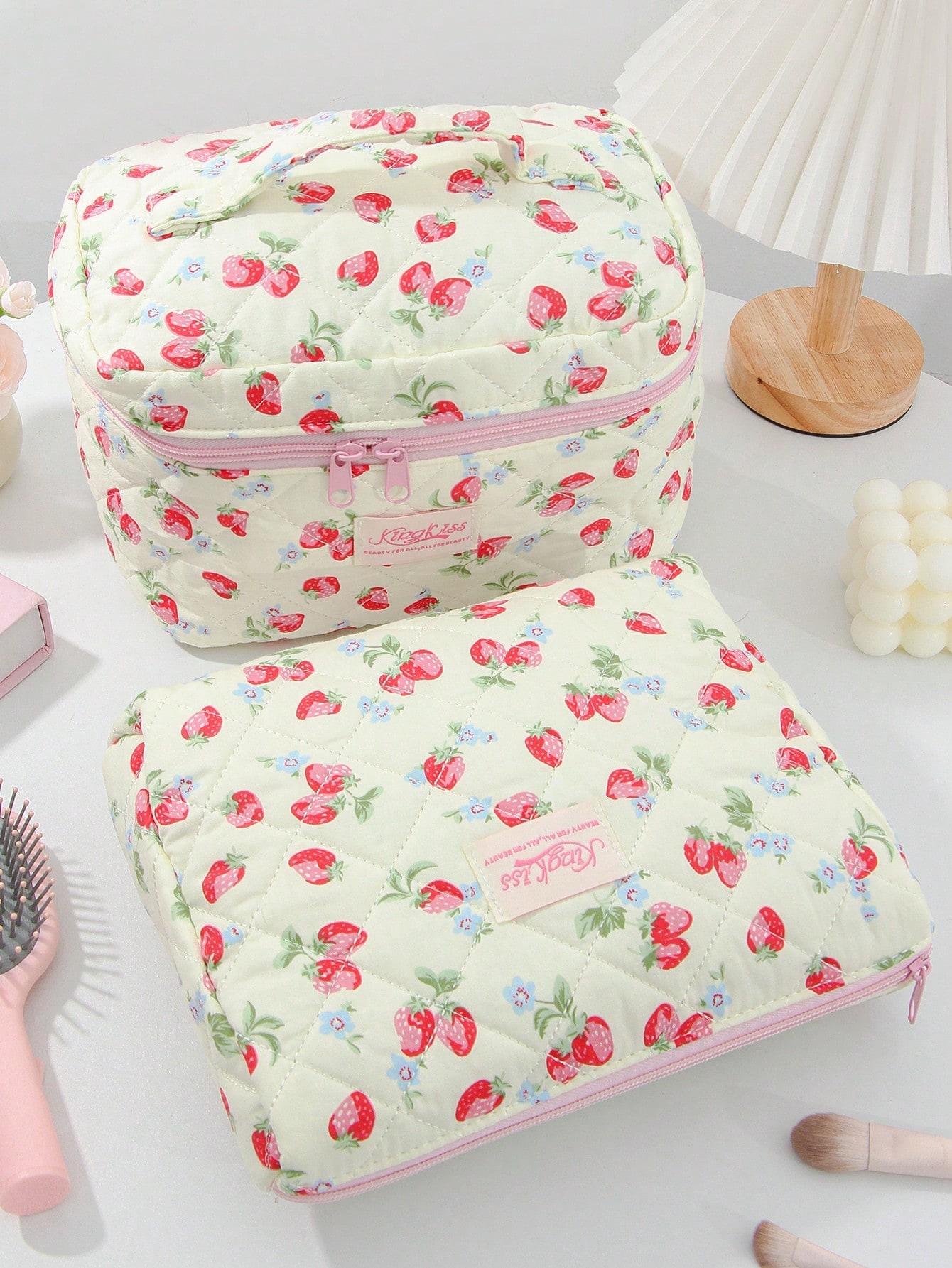 Cute Strawberry Pattern Makeup Bag, Large Capacity Travel Cosmetic Organizer, Multi-Functional Storage Pouch for Girls, Handy Makeup Brush & Pencil Case, Zipper Makeup Bag
