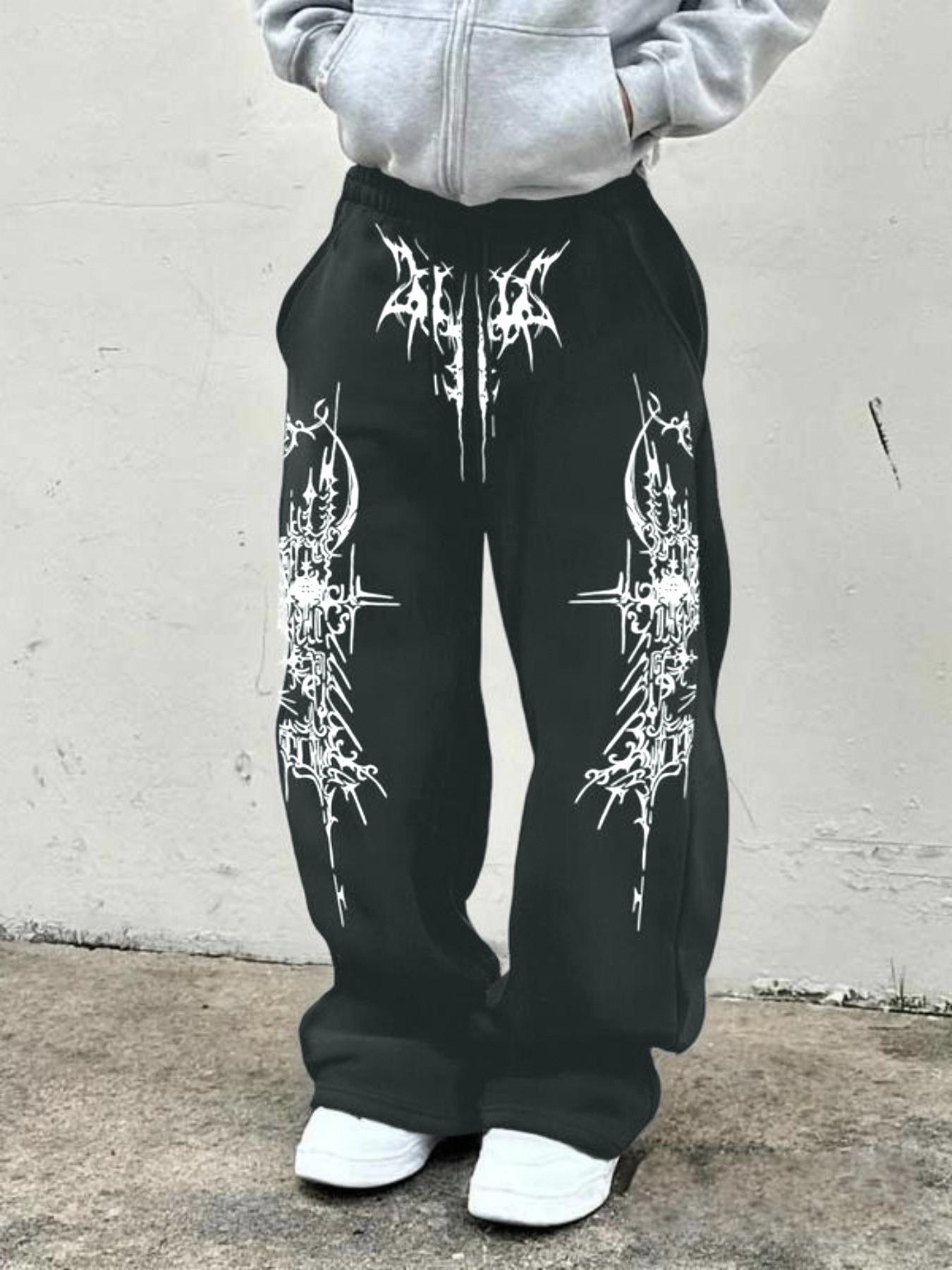 Printed Loose Sport Pants with Gothic Pattern, Drawstring Pants for Daily Wear and Home Leisure, Casual Fitted Geometric Style