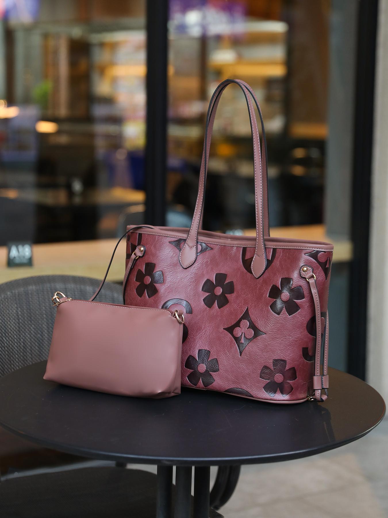 Women's Elegant Floral Embossed Tote Bag & Wristlet, Large Capacity Shoulder Bag, Fashionable Handbag Set for Daily Use