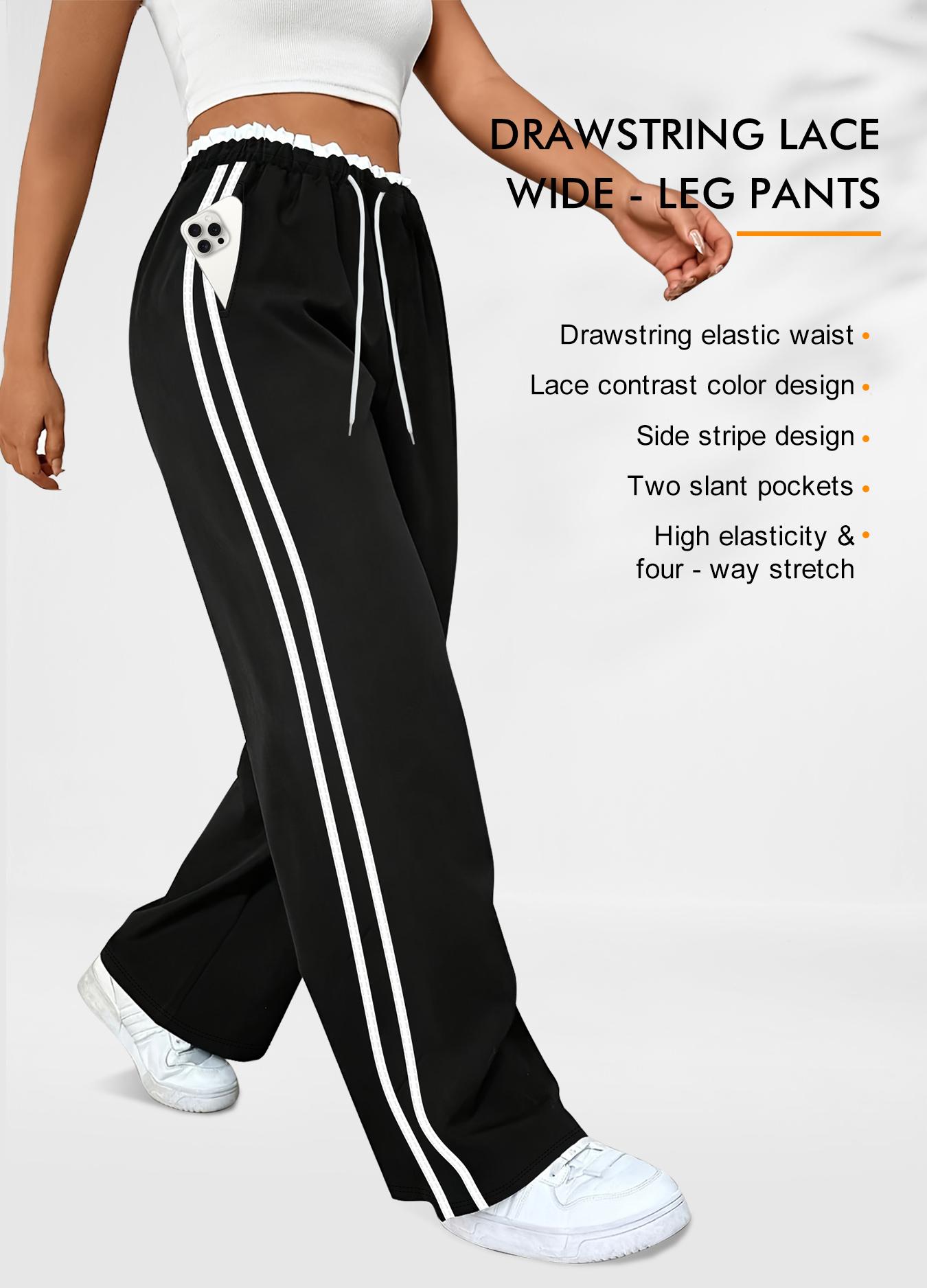 Plus Size Women's Wide Leg Pants, Drawstring Waist Design, Lace Waist Detail, Pockets, Side Stripes, Suitable for Various Occasions, Wide Legged Pants