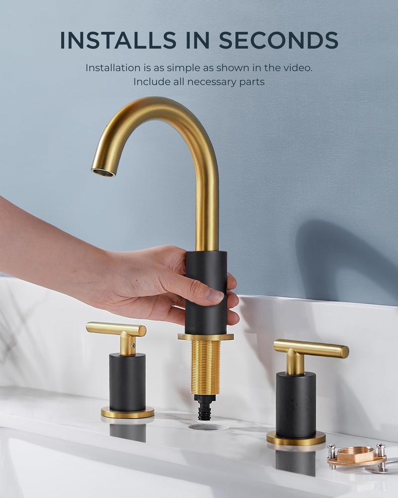 FORIOUS Bathroom Faucet with Metal Pop-up Drain Assembly Black and Gold Stainless Steel 2 Handle 3 Hole Bathroom Toilet Sink Basin Faucet Water Tap with Supply Pipe FORIOUS Bathroom Faucet with Metal Pop-up Drain Assembly Black and Gold Stainless Steel 2 Handle 3 Hole Bathroom Toilet Sink Basin Faucet Water Tap with Supply Pipe