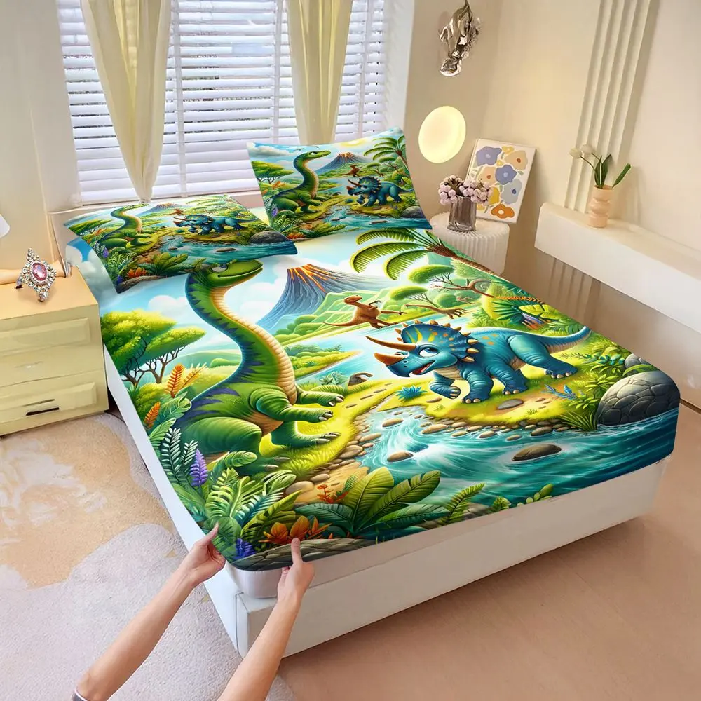 3Pcs Dinosaur Print Fitted Sheet Set (Includes 1 Fitted Sheet And 2 Pillowcases; Without Pillow Core). Vibrant Digital Printed Bed Sheet Set, Soft & Breathable, Kids Room Decor, Deep Pocket, Non-Slip, Machine Washable, Perfect Gift For Toddlers/Kids