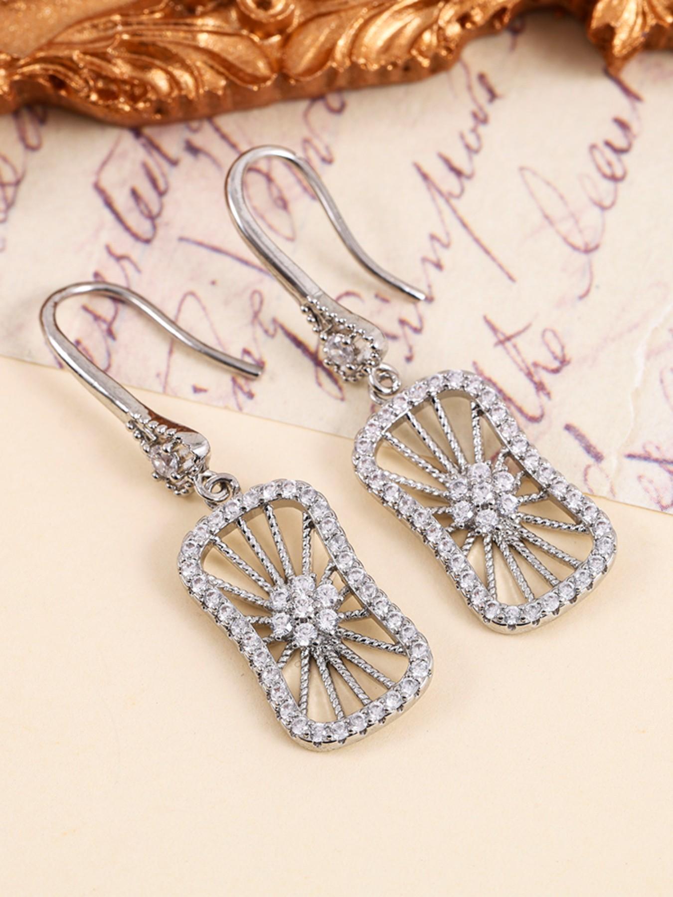 Geometric Hollow Out Zircon Earrings for Women, Elegant Office Wear Jewelry, Silver Color and Options, Versatile Fashion Accessories