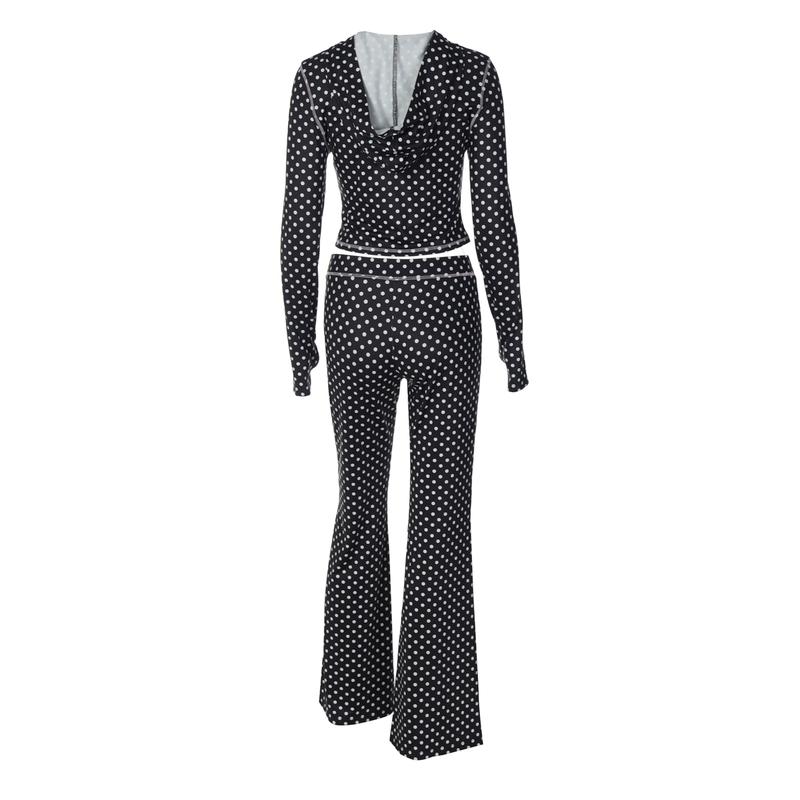 Women's Top & Pants Two-piece Set, Polka Dots Print Zipper Up Extra Long Sleeve Hooded Sweatshirt Top & Flare Leg Long Pants Sets, Casual Cut Out Sleeves Hoodies Coat Cardigan Crop Top With Bottoms Suit, Ladies Spring Fall Winter Trendy Casual Outfits