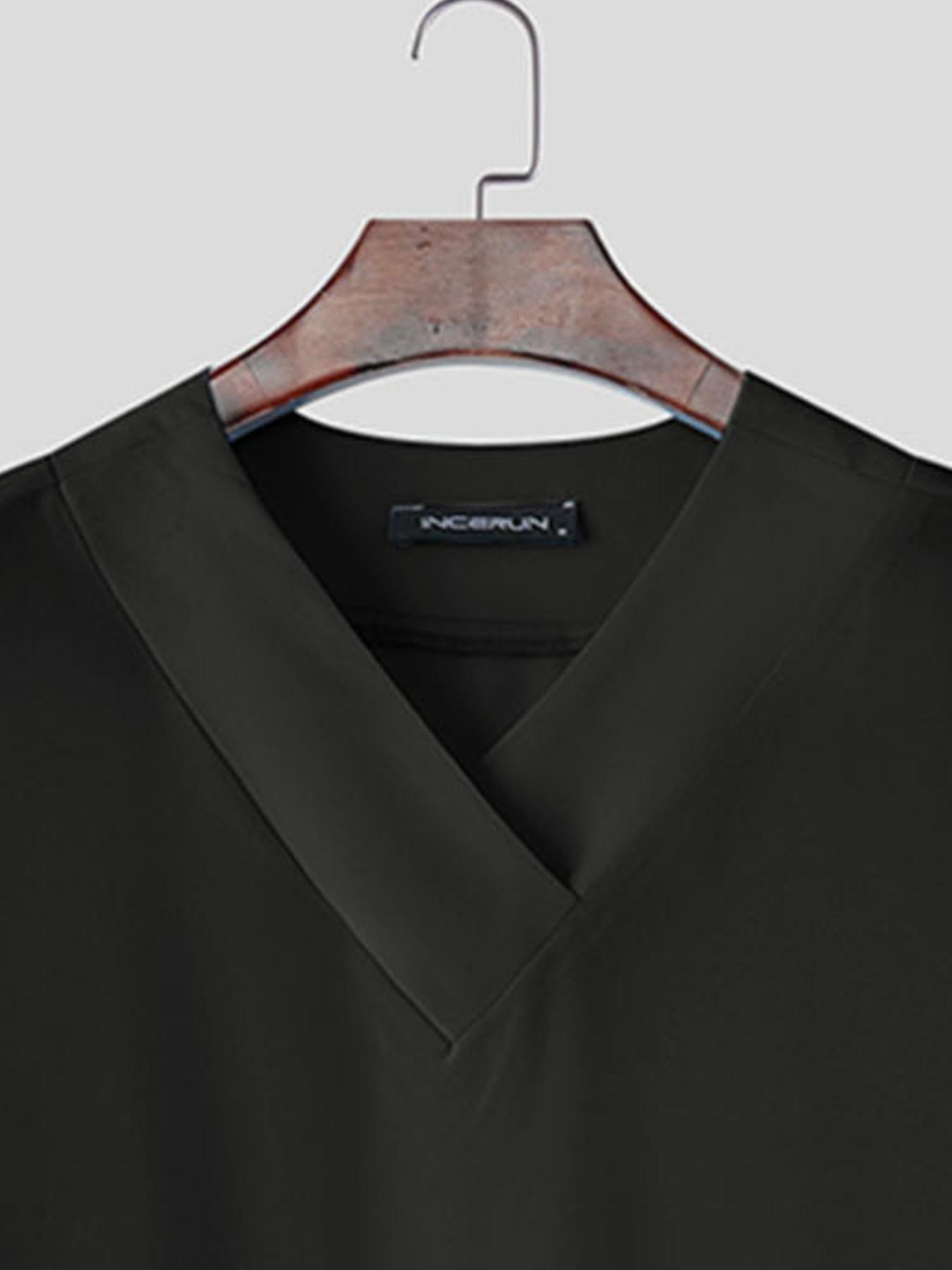 INCERUN Men's Fashion Casual Solid Color Transparent Seven-Quarter Sleeve T-Shirt, Perfect for Summer Daily or Vacation Wear