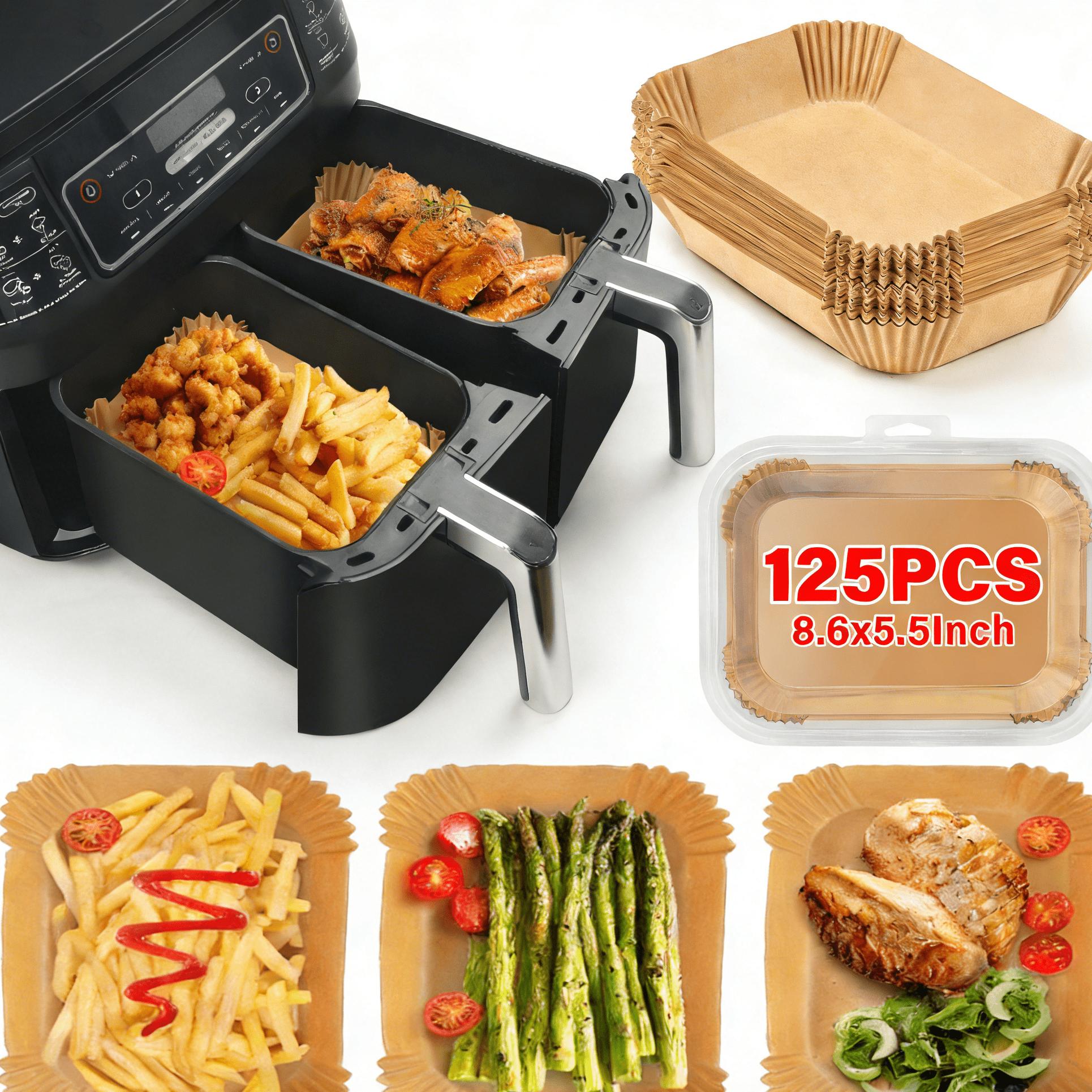 8.6x5.5 inch rectangular air fryer liners, rectangle dual basket parchment paper, ninja dual zone fryer pads, disposable unbleached sheets, non stick greaseproof liner, heat resistant baking paper, fryer basket inner mat for homemade snacks fried foods