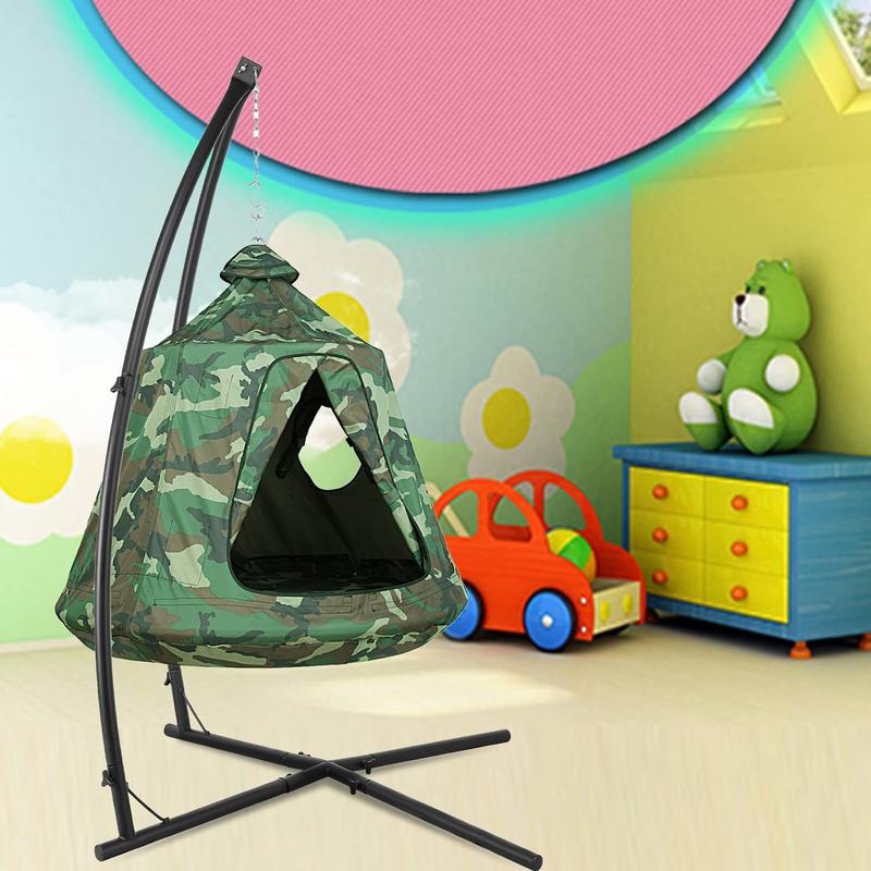 X-Shaped Hanging Tree Tent with Swing Chair, Metal Hanging Hammock with LED Lights, 330 LBS Weight Capacity, Adjustable Solid Stand, Kids Play House