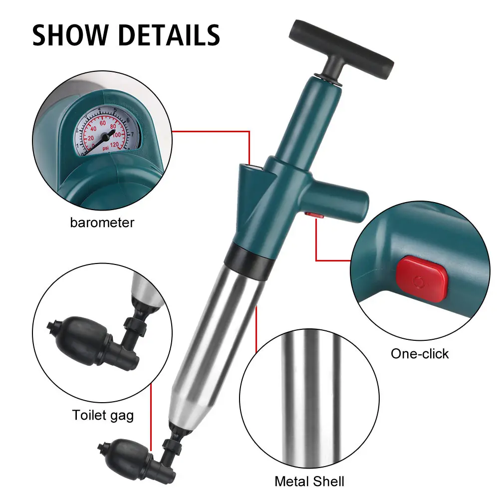 PP2 Plastic High-Pressure Pump Drain Unclogger - Stainless Steel Compact Plumbing Tool for Bathroom, Toilet Use