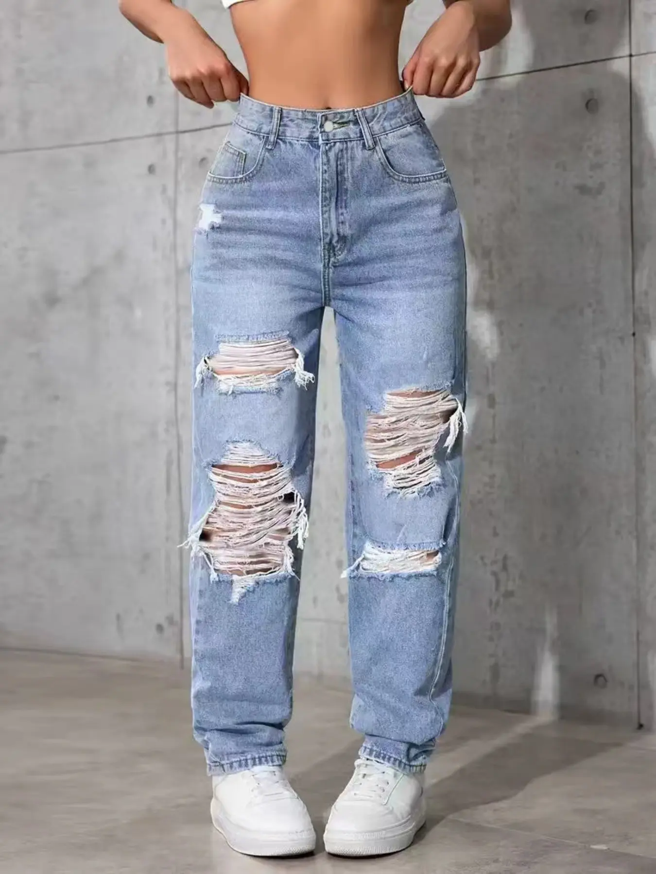 Women's Casual Loose-Fit Jeans, American Street Style, Multiple Rips and Holes, Plain Surface, All Seasons, Daily Wear
