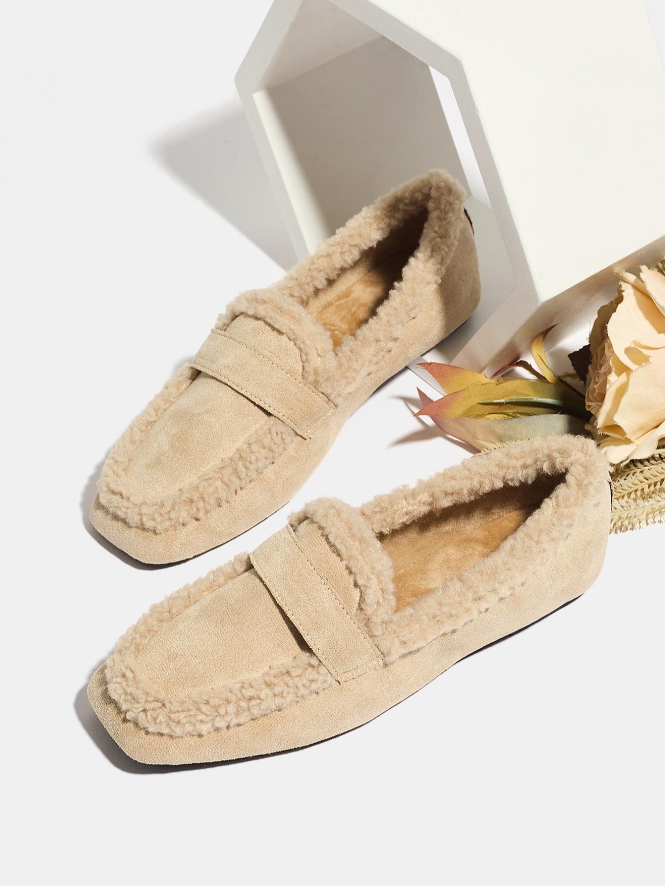 Women's Fall Winter PU Leather Casual Loafers, American Retro Style Furry Slip-On Shoes, Soft Rubber Sole, Warm & Comfortable Design