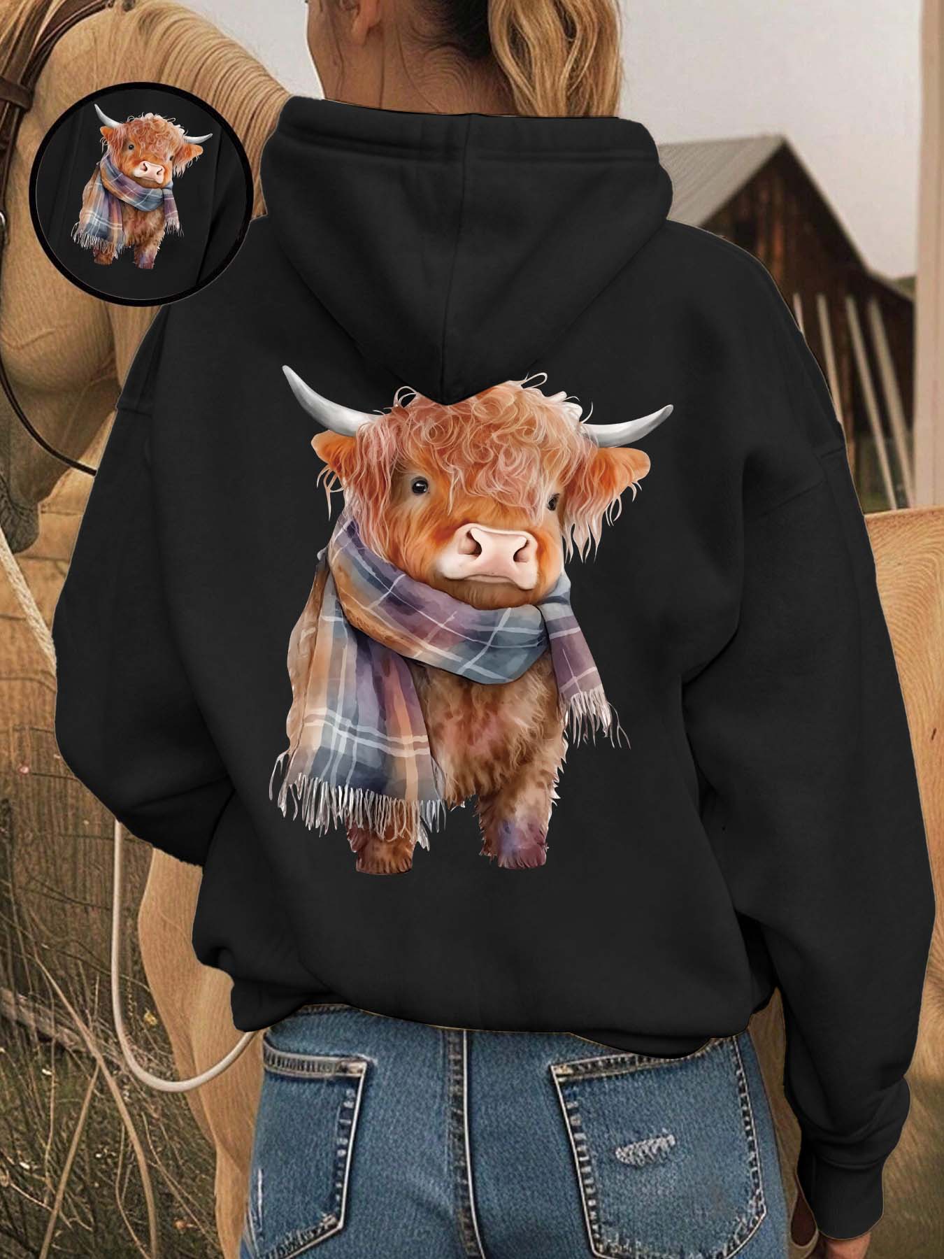 Cozy Fleece-Lined Printed Hooded Fitted Long Sleeves Sweatshirt, Funny Sweatshirt, Cute Highland Cow Animal Design, Unisex Casual Winter Fashion Womenswear with Soft Warm Plush Interior for Cold Weather Aesthetics, Casual Fitted Hoodie