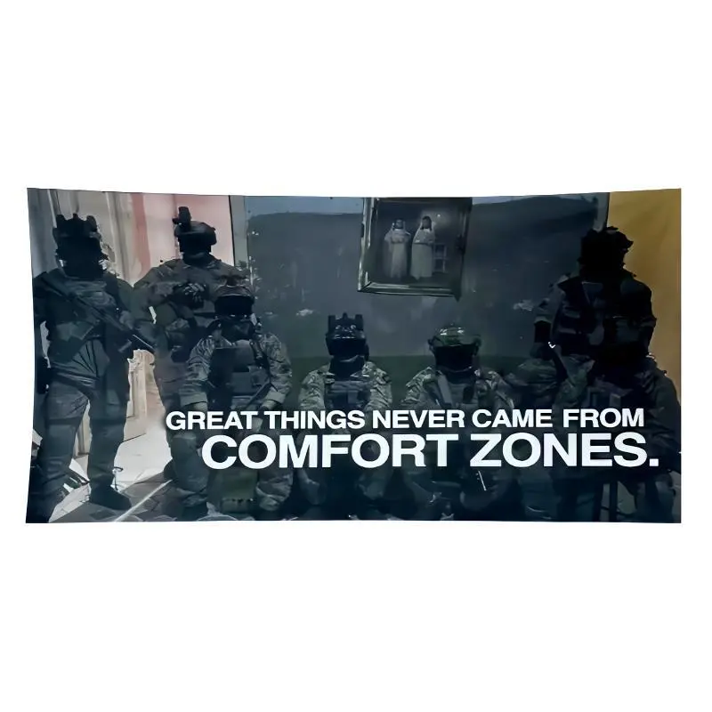 Bold Text "No Comfort Zones" Durable Tapestry - 5x3 ft Wall Impact Room Decor, Dorm Decor for Guys, Daily Hanging Wall Art, Outdoor Home Accessory, College Flag Banner, House Decor
