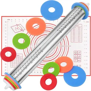 Rolling pin with thick rings and red silicone baking mat, adjustable stainless steel rolling pin, used for making pasta or sugar-coated cookies, bread-making tools, dough fondant roller, dumpling-making tools