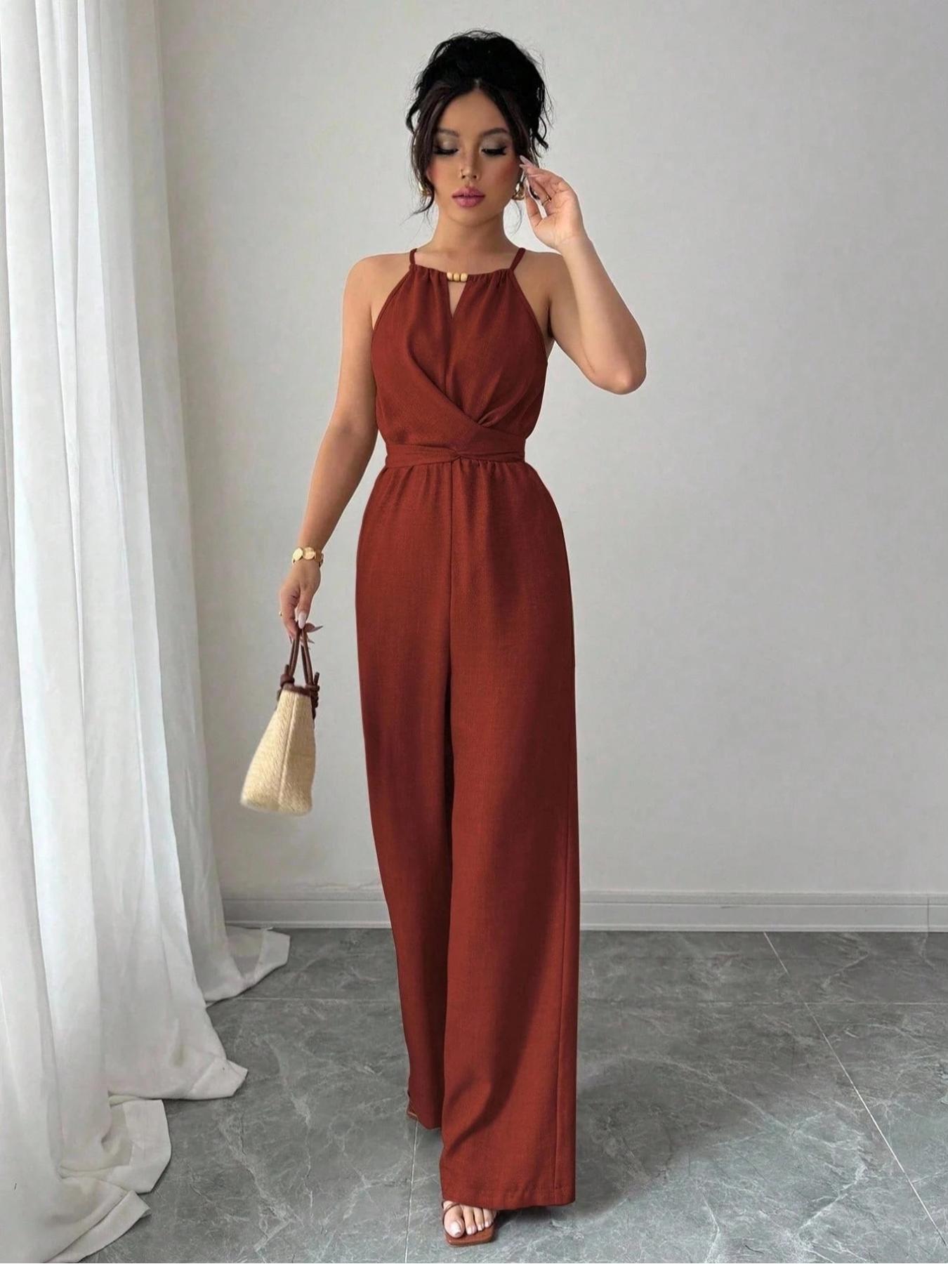 Elegant Women's Solid Color Beaded Jumpsuit, Womenswear, Perfect for Parties and Formal Occasions, Sleeveless Design for Layering