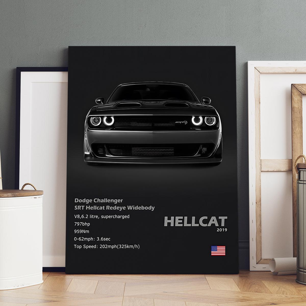 1 Count wooden frame canvas, Dodge Challenger SRT Hellcat poster, Cool car pattern decoration, Fashion Art Hallway Office Mural, Exquisite poster Home Decoration, Ideal Gift, HD, waterproof art, Wooden Wall Art