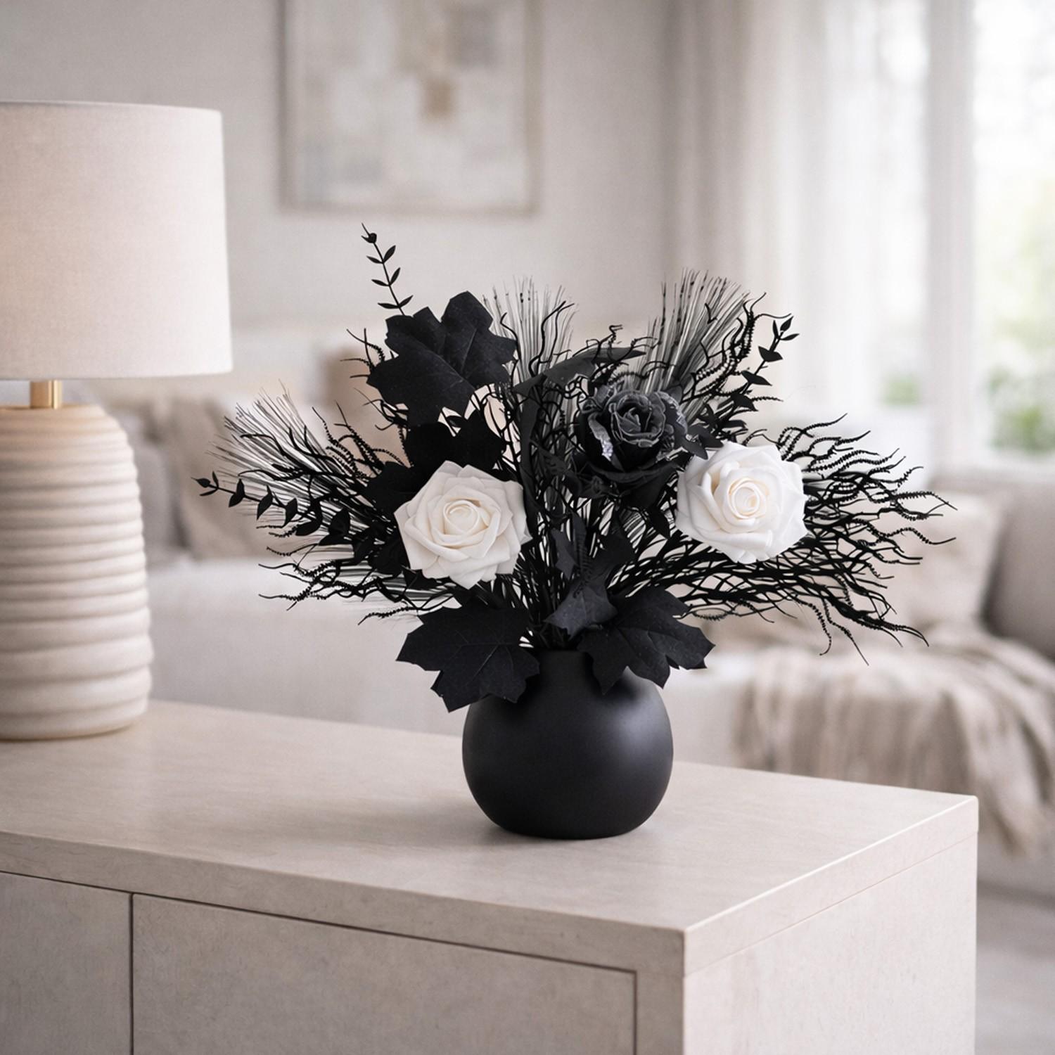 Artificial Flower Bouquet, Realistic Roses, Decorative Leaves, Feathery Stems, Monochrome Design, Modern Home Décor, No Maintenance