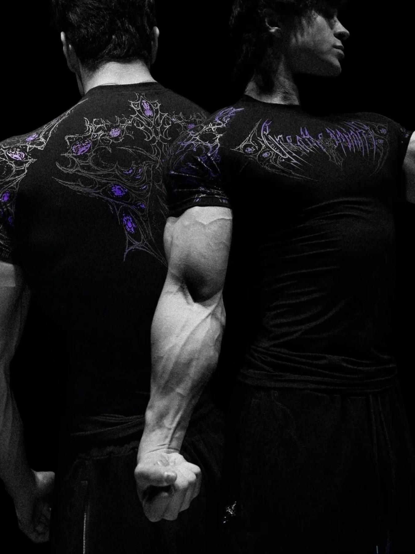 Men's Slim-Fit Short Sleeve T-Shirt, Cyber Gothic Dark Style, Elastic Quick-Dry Fitness Top, Ideal for Strength Training & Streetwear