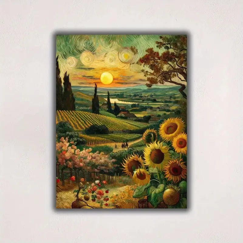 1 Piece Van Gogh Sunflower with Sunset Canvas Art Paintings-Waterproof Framed Wall Decoration, Wrapped Pine Frame, Wood, Bright Landscape Painting, Suitable for Home, Office, Cafe-Modern Poster Print That Can Be Hung Directly