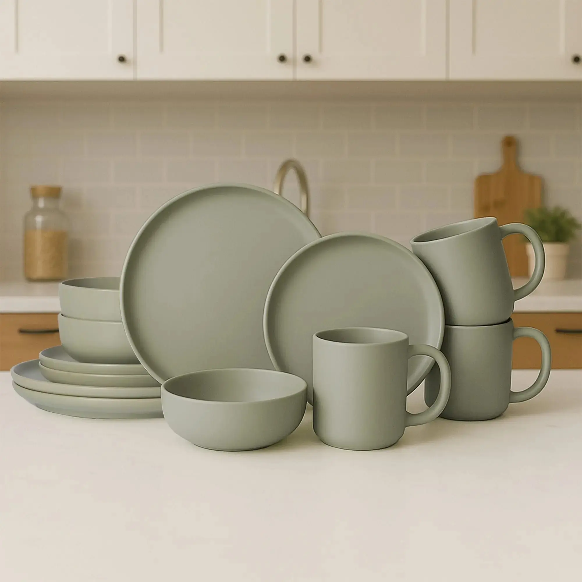 12-Piece Green-Stone Stoneware Tableware Set - Non-Toxic Dinner Plates, Cereal Bowls, Mugs, Stackable, Microwave & Dishwasher Safe for Everyday Use