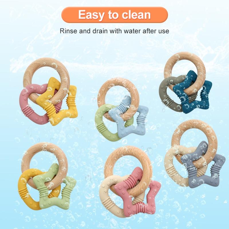 Baby Silicone Wooden Teething Toy, Heart Star Multi Texture Chewable, Infant Soothing Teether, Anti-Sucking Educational Rattle Gift