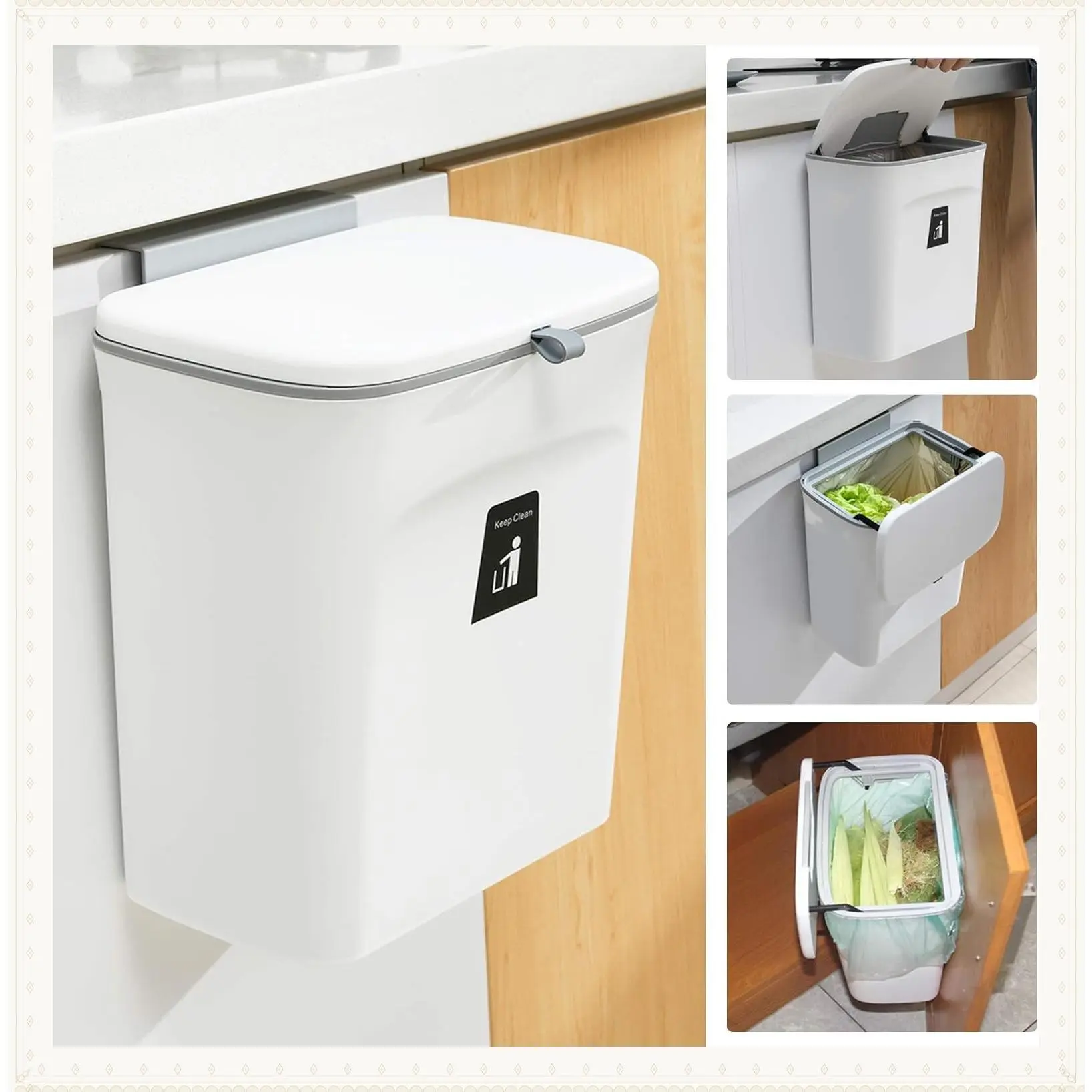 2.4 Gallon Kitchen Compost Bin for Counter Top or Under Sink, Hanging Small Trash Can with Lid for Cupboard/Bathroom/Bedroom/Office/Camping, Mountable Indoor Compost Bucket, WhiteGift