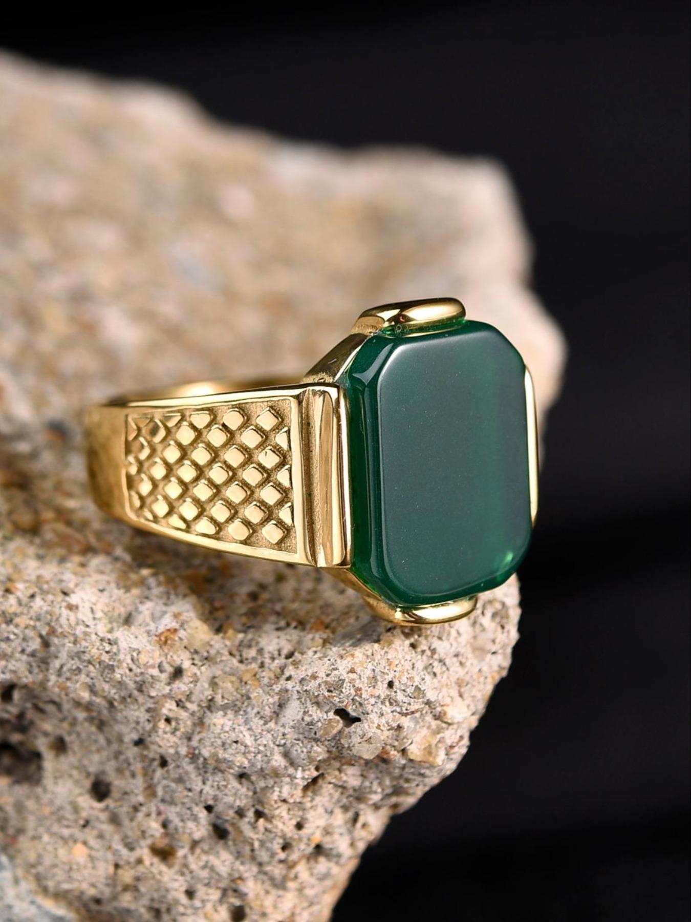 Business Style Men's Blue Ring, 316L Stainless Steel, 18K Gold Plated, Inlaid with Rectangle Agate