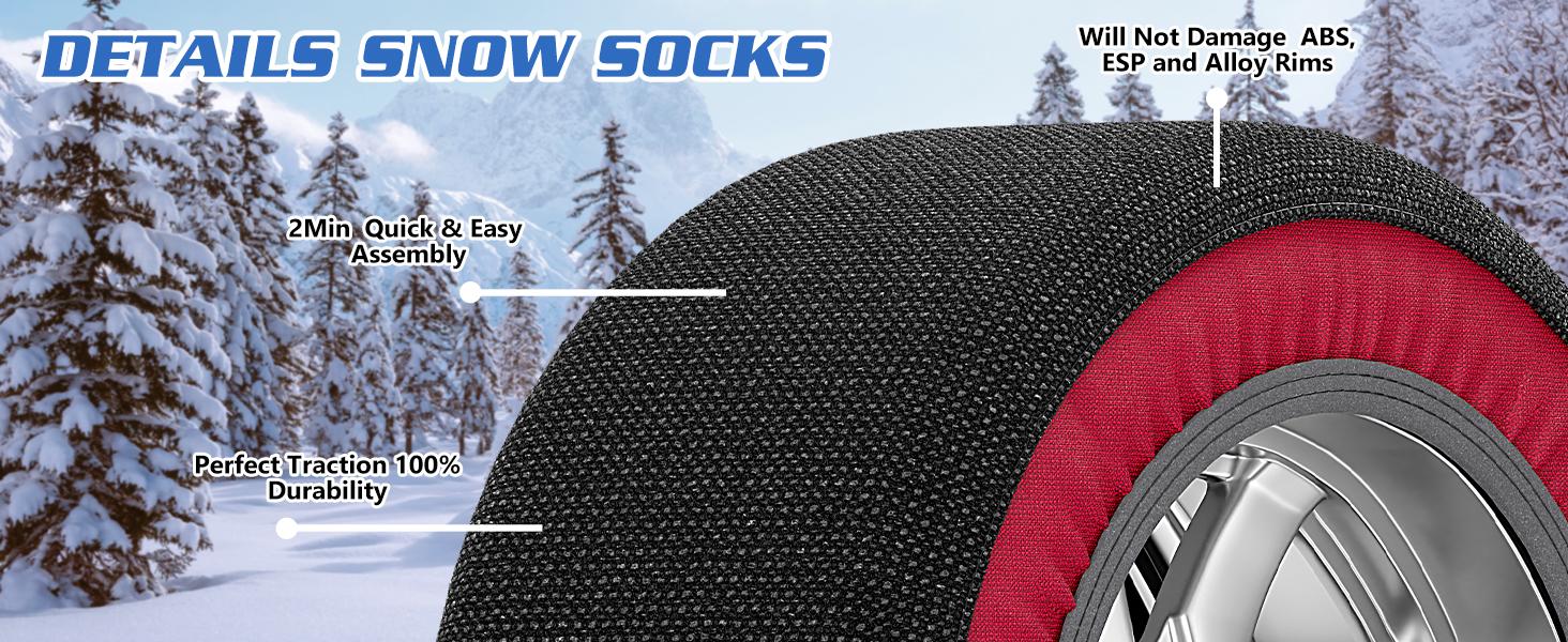 Automotive Snow Socks for Tires - Great Alternative to Tire Chains for Cars, Thickened Polyester Fiber for Maximum Tire Traction & Grip, Fits Car, SUV, Pickup and Truck (Set of 2)