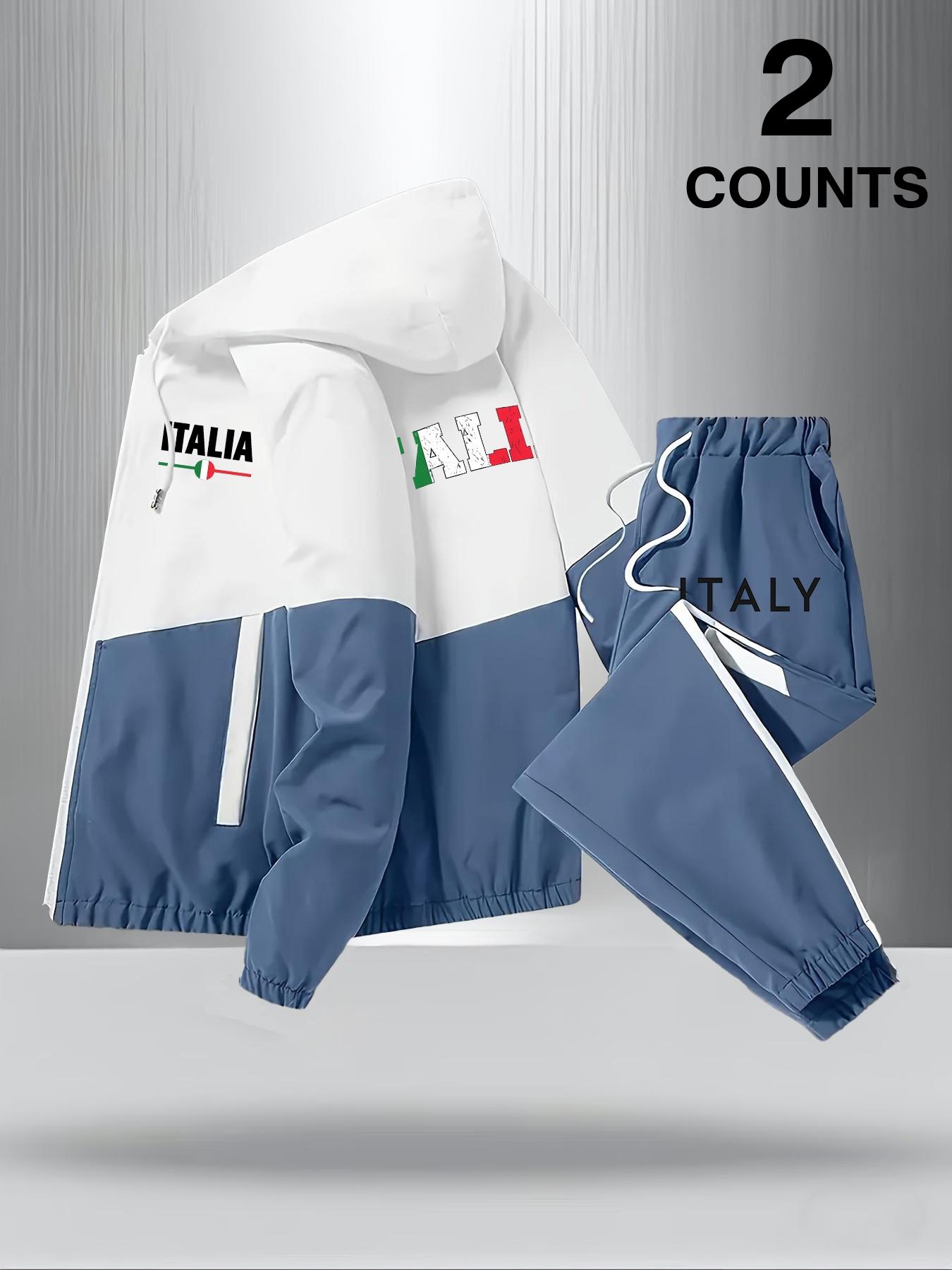 Men's Italy 2 Piece Streetwear Tracksuit Set, Full-Zip Hooded