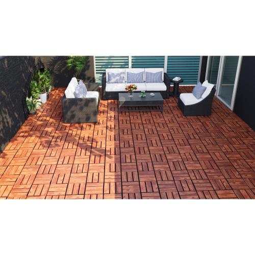 Acacia Wood Interlocking Deck Tiles Checker Pattern, 30 PCS 12" x 12" Square Acacia Hardwood Outdoor Flooring for Patio, Bancony, Pool Side
