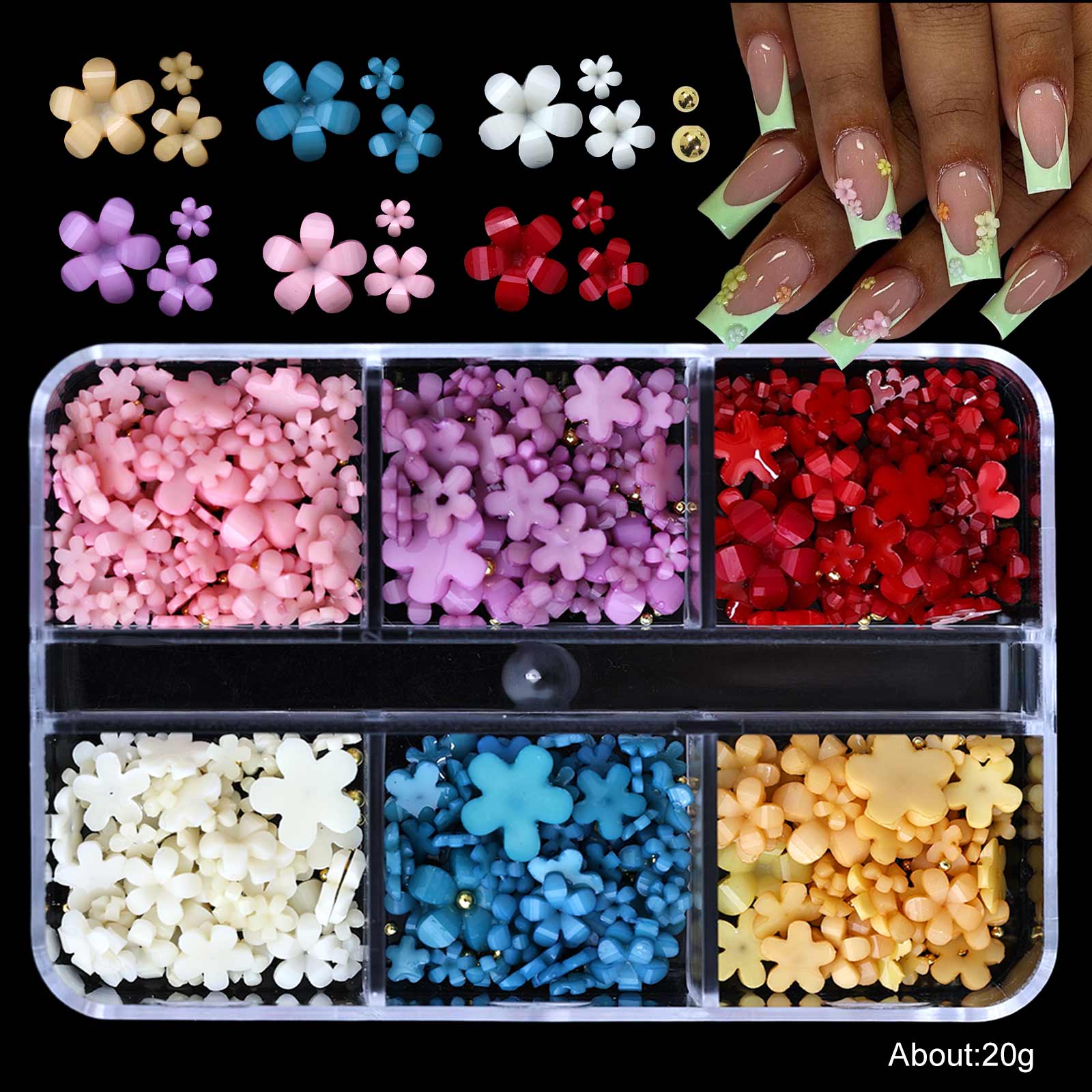 Multicolor five-petal flower nail art accessories, available in 6 compartments/12 compartments/24 compartments, ultra-thin cherry blossom petals, suitable for various styles of nail decoration, for professional nail salons