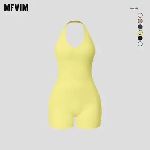 MFVIM Female Sportswear Jumpsuit, Sleeveless V-Neck Backless Halter Ribbed Stretchy Skinny Fit Butt-Lifting Yoga & Fitness Outfit, Built for Yoga, Workouts, and Flow, Travel Essential