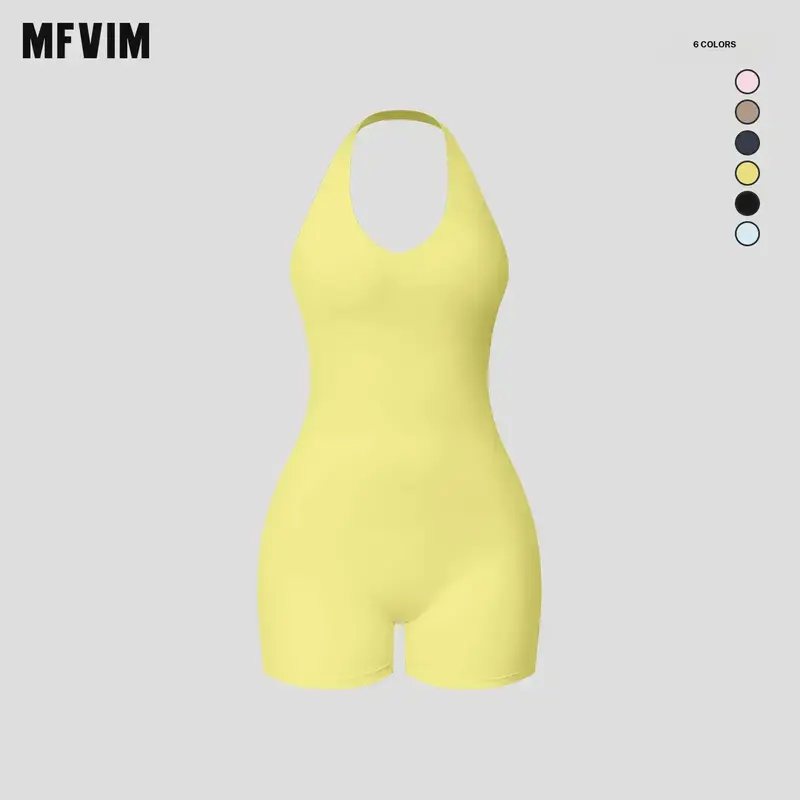 MFVIM Female Sportswear Jumpsuit, Sleeveless V-Neck Backless Halter Ribbed Stretchy Skinny Fit Butt-Lifting Yoga & Fitness Outfit, Built for Yoga, Workouts, and Flow, Travel Essential