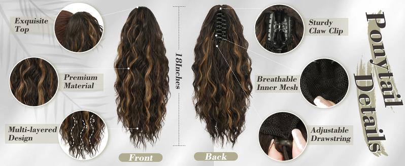 Curly Wavy Ponytail Extension 18 Inch Long Pony Tail Claw Clip Hair Extensions Fluffy Natural Looking Hair Piece Synthetic Hairpiece for Women Girls Party Daily Use Brown with Blonde Highlights Wave Wig Clip Hair Extensions