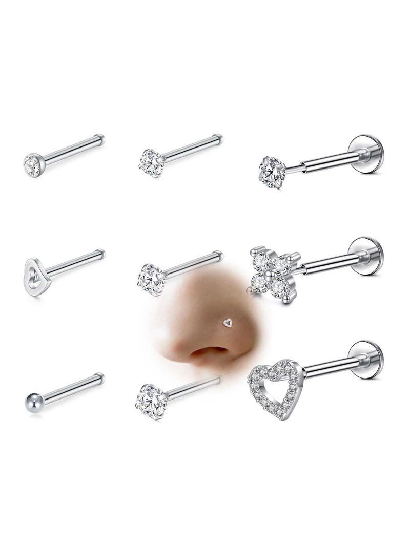 18g Threadless Nose Studs CZ Nose Rings For Women Labret Studs Push In Flat Back Stud Earrings Nose Nostril Tragus Helix Piercing Jewelry