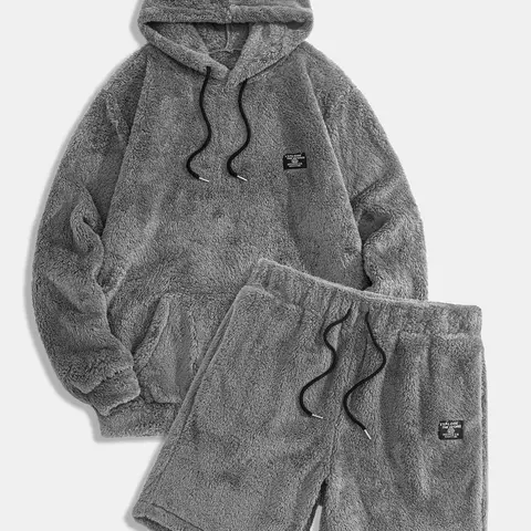 Men's Plush Hoodie Shorts Set, Soft Breathable Warm Comfortable Fabric, Fashion Casual Sportswear, Winter Wear for Men