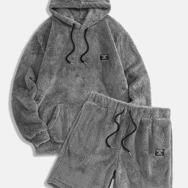 Men's Plush Hoodie Shorts Set, Soft Breathable Warm Comfortable Fabric, Fashion Casual Sportswear, Winter Wear for Men