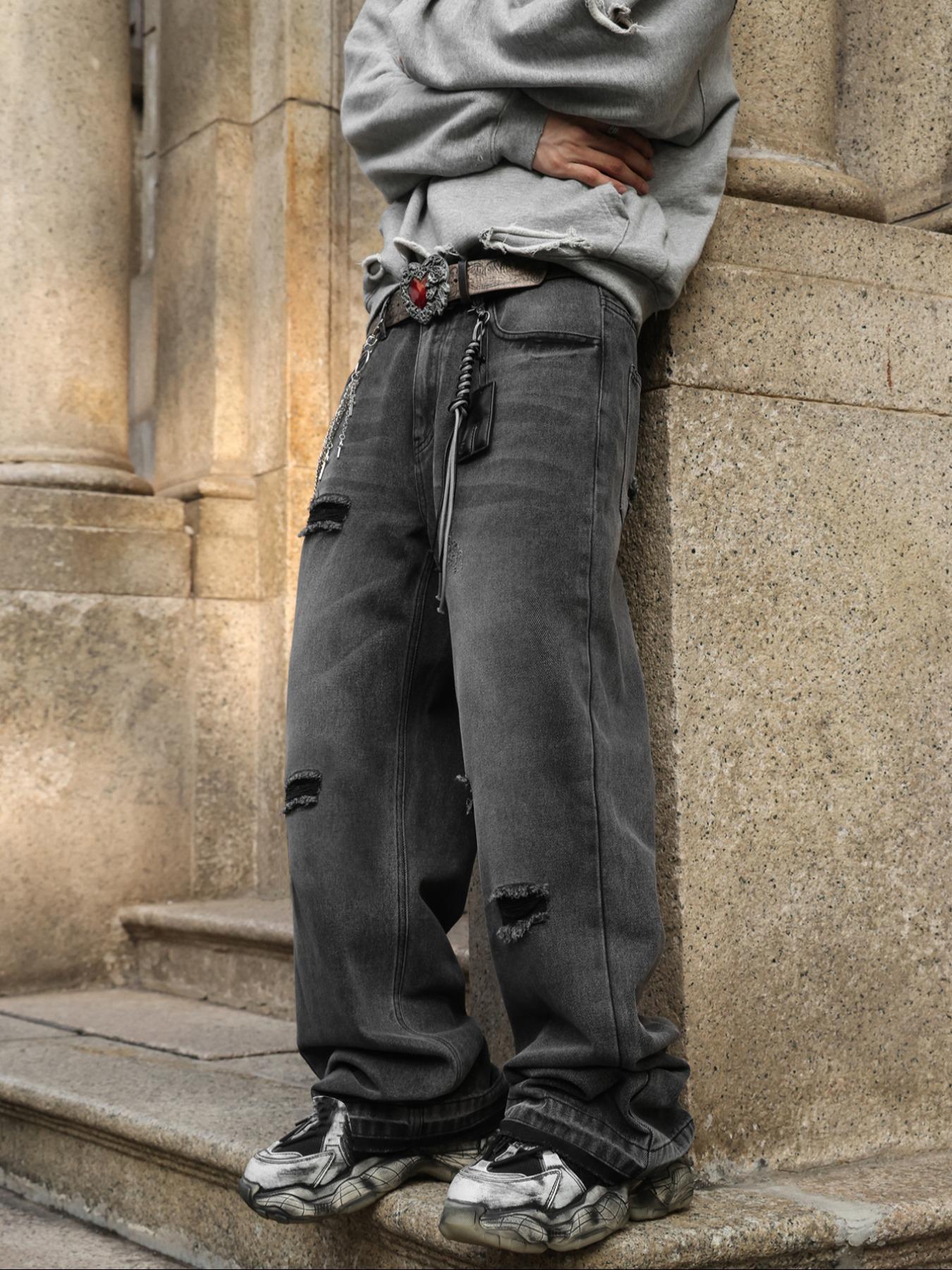 Men's Washed Loose Fit Jeans, Distressed Straight Leg Denim Jeans, Y2K Vintage Street Style, All Seasons, Perfect Gift for Boyfriend/husband, Streetwear