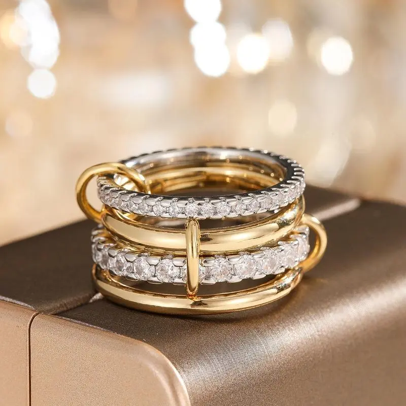 Women's 2-Tone Stackable Interlocked Chunky Statement Ring - High-Quality Sparkling CZ Multi-Layered Band, Wedding Promise Anniversary Jewelry, Casual-Party Daily Gift for Her, Stackable Rings, Interlocked Bands
