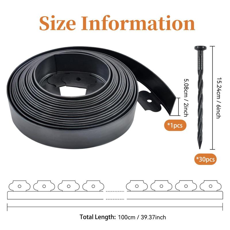 39 Inch Long Garden Landscape Edging, Plastic Lawn Border Kit with 30 Fixing Nails, No Dig Installation, for Gardens, Flower Beds, Pavers, Raised Garden Beds
