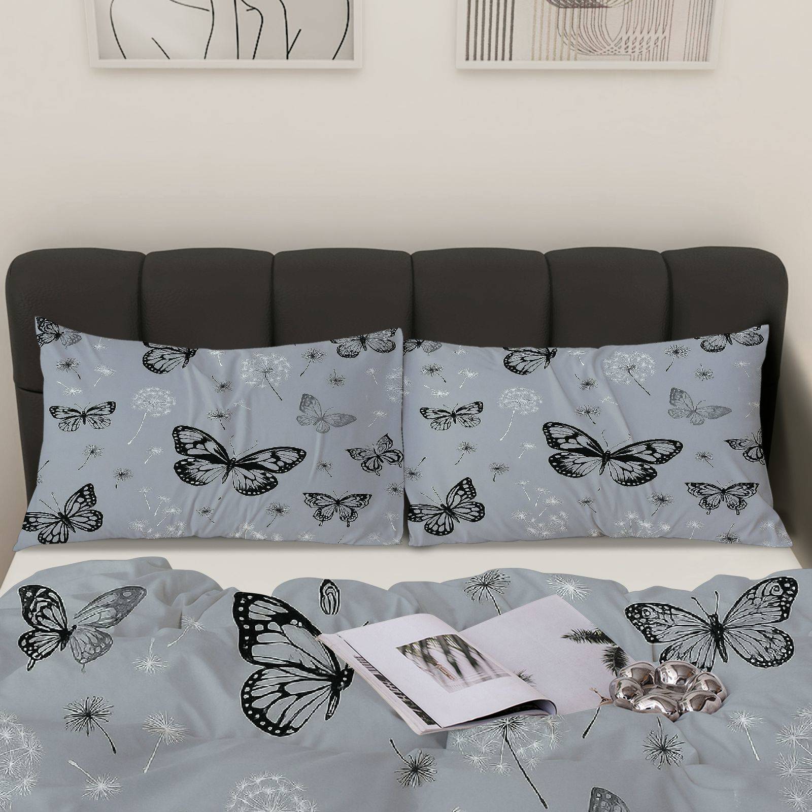 3PCS Duvet Cover Set, 1 Duvet+2 Pillowcases(Without filler), Butterfly Dandelion Nature Grey theme, Seasonal bedding set, Butterfly Print Suitable for decoration Bedroom Living Room Guest Room Hotel.