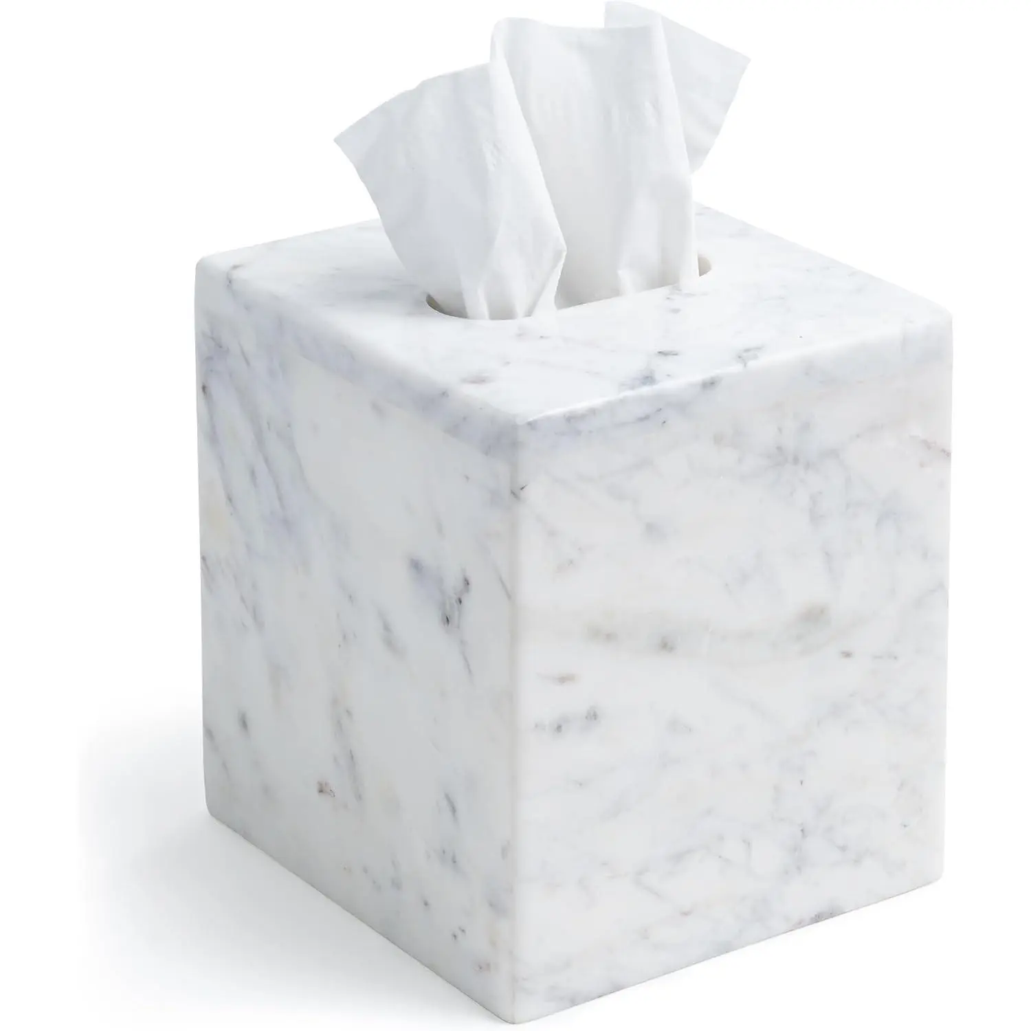 Marble Tissue Box Cover for Kleenex and More, Decorative Cube Style Holder, Large Square Facial Tissue Dispenser Container for Home, Real Solid White Marble Bathroom Accessory