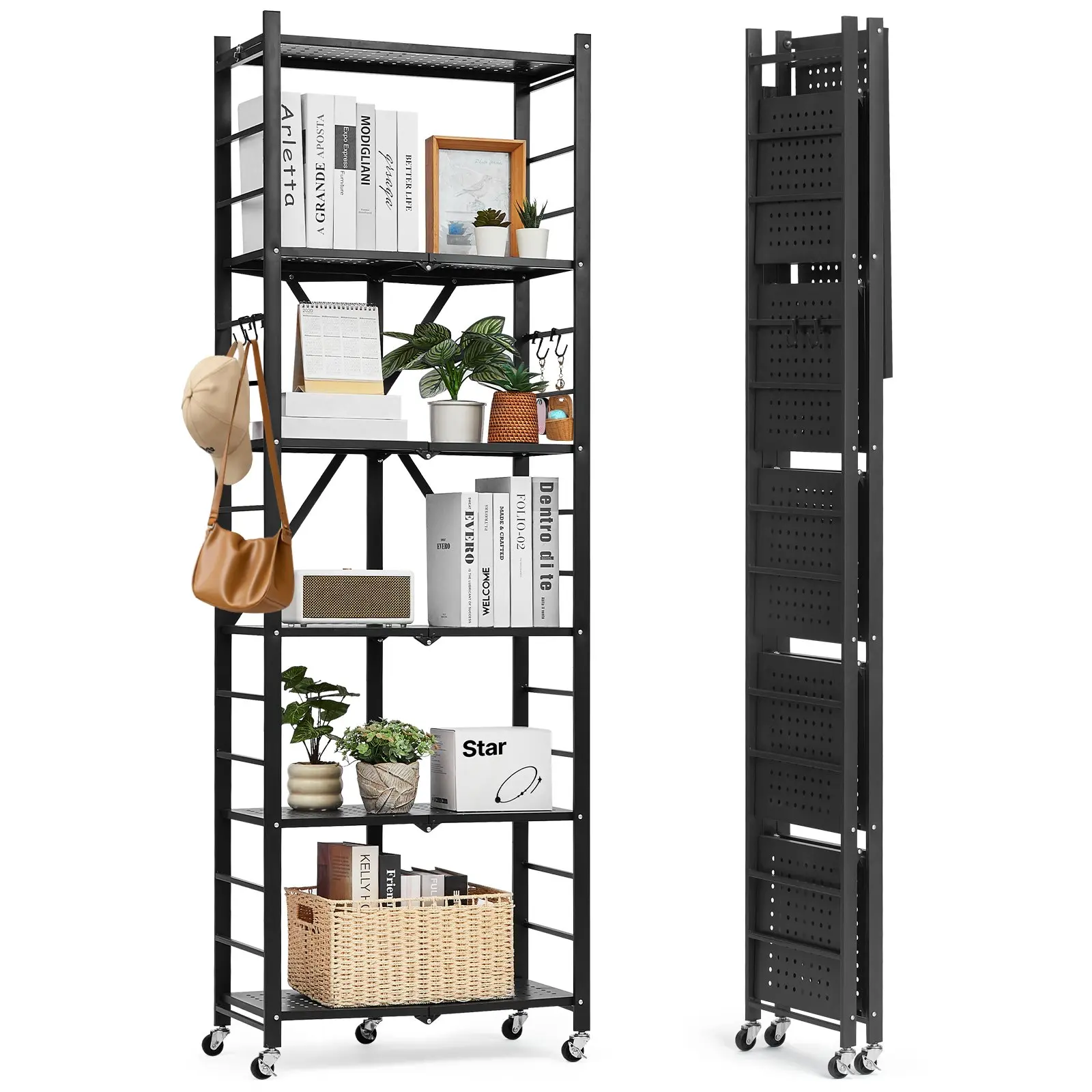 VEVOR 6-Tier Foldable Storage Shelf, 24Wx 12Dx 72H Inch Folding Metal Rack Shelving Unit, No Assembly Organizer Shelf with 5 Wheels 4 Hooks for Pantry, Kitchen, Garage, Basement, Black